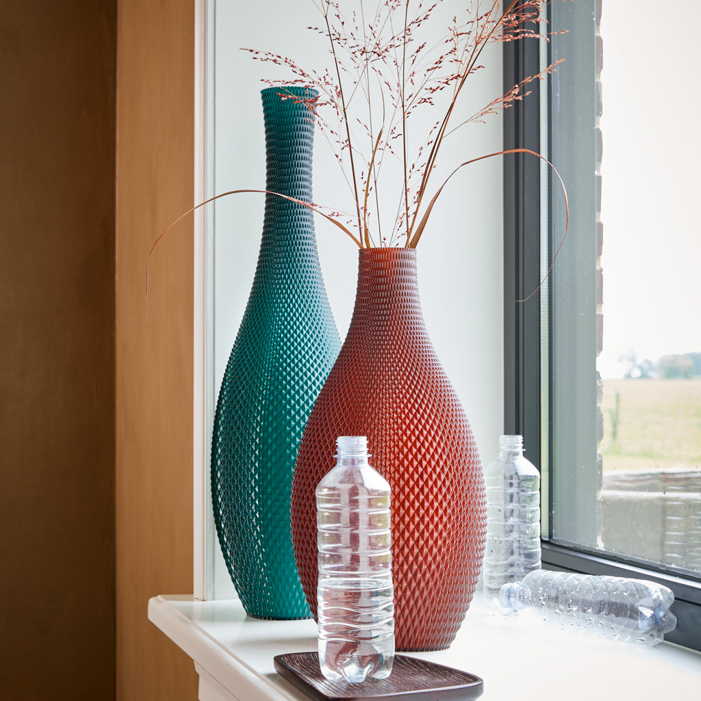 3D printed vases made from recycled packaging waste